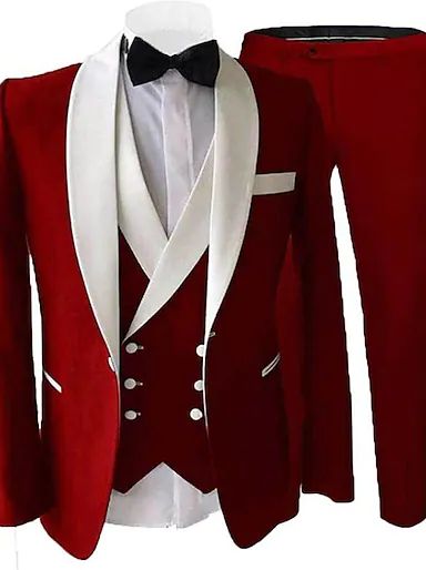 Luxury Red Formal Sets, Red Fitted Elegant Suit, Elegant Red Three-piece Suit For Wedding, Elegant Fitted Red Suit, Elegant Red Fitted Suit, Red Tuxedo Three-piece Suit For Party, Red Tuxedo Three-piece Party Suit, Red Tuxedo Style Three-piece Suit For Party, Red Wedding Suit With Suit Collar