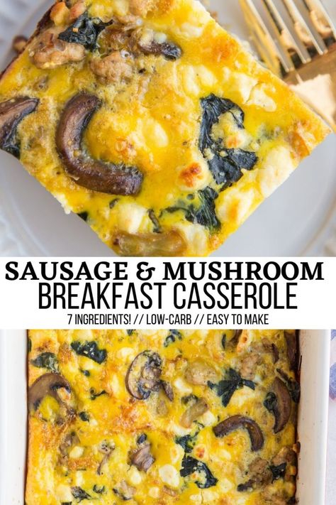 Sausage and Mushroom Breakfast Casserole - Sausage Breakfast Casserole with mushrooms, spinach, onion, and garlic. Only 7 ingredients, so easy to make, and absolutely delicious for breakfast or brunch! #keto #lowcarb Breakfast Casserole Keto, Mushroom Breakfast Casserole, Sausage Egg Bake, Sausage Egg Casserole, Sausage Mushroom, Mushroom Breakfast, Low Carb Breakfast Casserole, Leftover Breakfast, Spinach Breakfast