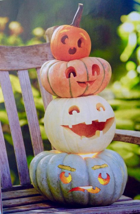 Pumpkin carving idea Trio Pumpkin Carving Ideas, Small White Pumpkin Carving Ideas, Flat Pumpkin Carving Ideas, Stacked Carved Pumpkin Ideas, White Pumpkin Carving Ideas, Pumpkin Carving Ideas Hippy, Carved Witch Pumpkin, Hippy Carved Pumpkins, Elaborate Pumpkin Carving