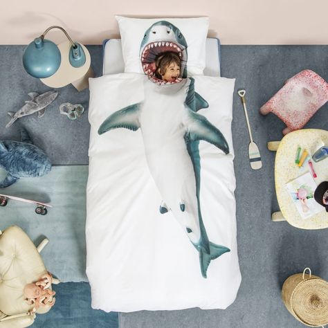 Move Over, Baby Shark — This Jaws-Inspired Bedding Is Sure to Gobble You Up! Unique Bed Sheets, Shark Bedroom, Shark Bedding, Shark Room, Dix Blue, Shark Pillow, Ocean Themed Bedroom, Single Duvet Cover, Childrens Beds