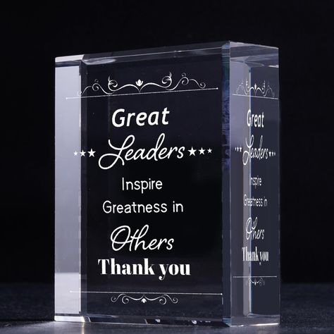 PRICES MAY VARY. Leader Appreciation Gift - This crystal plaque has a special quote: "Great leaders inspire greatness in others." It's like a power-up for your boss or leader, boosting their energy and inspiration. Use this thank-you plaque to show your gratitude! Thank You Gift For Leader - A thoughtful gift for your boss, manager, or team leader. Perfect for saying thanks on occasions like birthdays, retirements, or even Boss's Day. Simple yet impactful, it's the best way to express your appre Gift Ideas For Managers, Leader Gifts, Thank You Plaques, Gifts For Your Boss, Youth Leader, Boss' Day, Easy Diy Gifts, Show Appreciation, Special Quotes