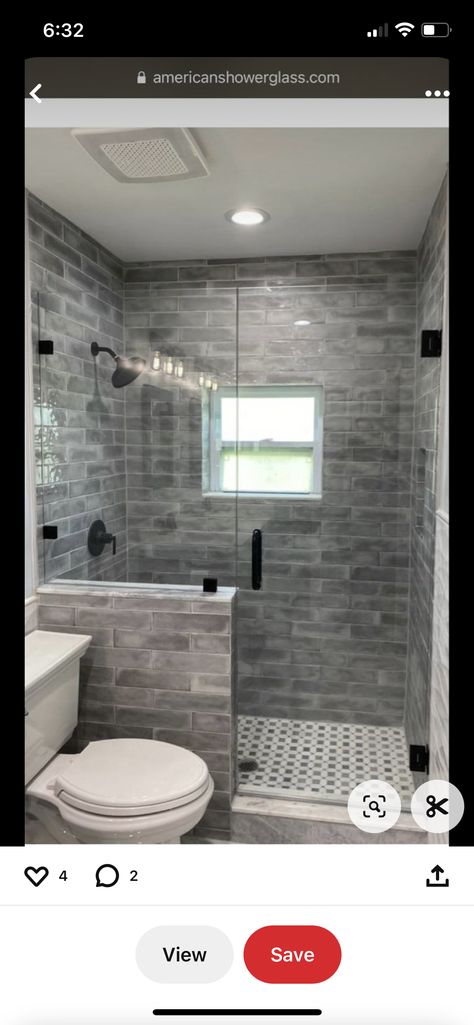 Showers With Half Walls, 5x8 Bathroom Layout, Large Shower Tile, Half Wall Shower, Gray Shower Tile, Small Full Bathroom, Basement Bathroom Remodeling, Tub To Shower Conversion, Small Bathroom Tiles