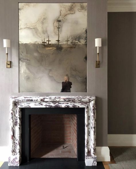 Living Room Mirror Over Fireplace, Wallpaper Fireplace, Farmhouse Fireplace Decor, Decoration Wallpaper, Cheap Apartment Decorating, Decor Fireplace, Marble Fireplace, Custom Fireplace, Fireplace Remodel