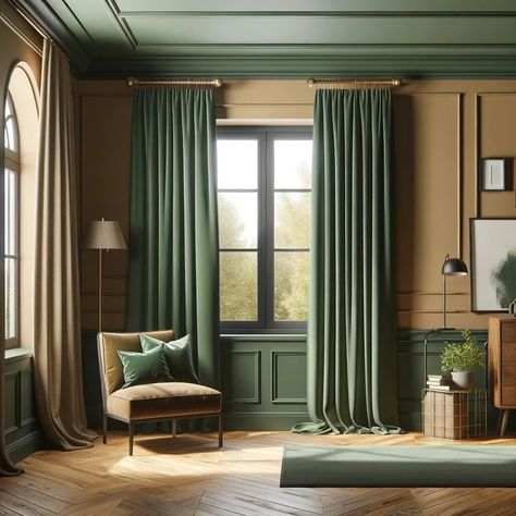 tan walls and forest green curtains Green Sofa Curtain Ideas, Green Walls And Curtains, Curtains For Green Walls Living Room, Green Curtains Living Room Ideas, Forest Green Curtains, Old House Living Room, Green Curtains Living Room, Emerald Green Curtains, Olive Green Curtains