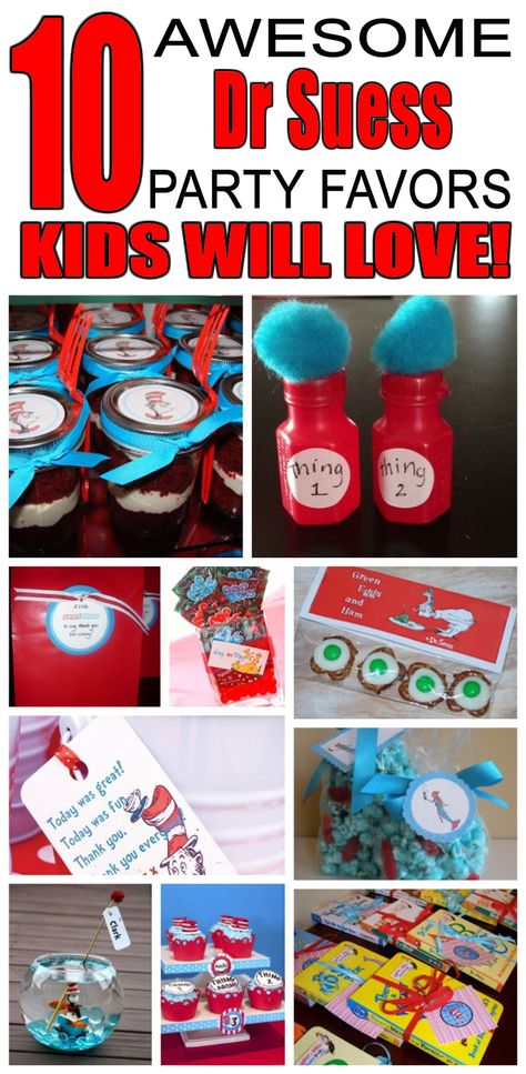 Great dr seuss party favors kids will love. Fun and cool dr seuss birthday party favor ideas for children. Easy goody bags, treat bags, gifts and more for boys and girls. Get the best dr seuss birthday party favors any child would love to take home. Loot bags, loot boxes, goodie bags, candy and more for dr seuss party celebrations. Dr Suess Party Favor Ideas, Cat In The Hat Party Favors, Dr Seuss Goodie Bag Ideas, Dr Seuss Party Favors, Dr Seuss Birthday Party Ideas, Doctor Suess Birthday, Dr Seuss Gifts, Dr Seuss Party, Cat In The Hat Party