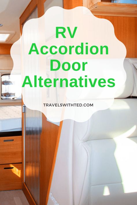 Looking for RV accordion door alternatives or other RV door makeover ideas? Look no further! We have 8 great RV bedroom door ideas and RV bathroom door ideas that are attractive, lightweight and easy to install. Click now to find your RV accordion door replacement today. Camper Accordian Door, Rv Bedroom Door Curtain Ideas, Rv Door Curtain Ideas, Camper Bedroom Door Ideas, Accordian Door Replacement, Rv Closet Door Makeover, Rv Bathroom Door Makeover, Rv Interior Door Ideas, Rv Bedroom Door Ideas