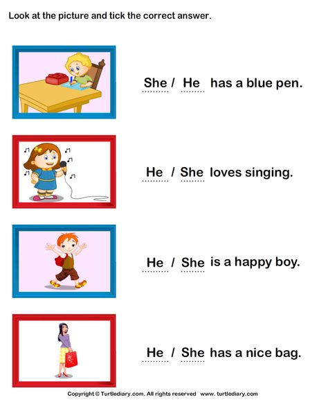 Choose between she and he - TurtleDiary.com He And She Worksheets For Kids, He And She, Pronoun Activities, English Primary School, English Grammar For Kids, English Worksheets For Kindergarten, Kindergarten Reading Worksheets, Grammar For Kids, Alphabet Phonics