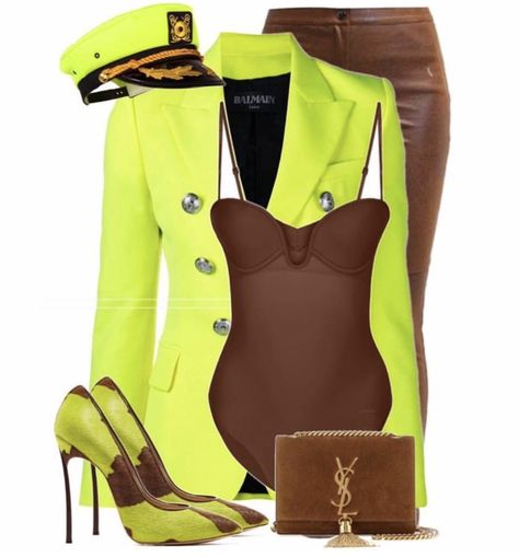 Fall 2019 Style Inspiration: A Touch of Neon with a Balmain Blazer, a Neon Captain’s Hat, and Good American Brown Leather Pants by @StyledByJovon_ Brown Leather Pants, Balmain Blazer, 2019 Style, Neon Outfits, Neon Fashion, Complete Outfits, Good American, Swag Outfits, Creative Fashion