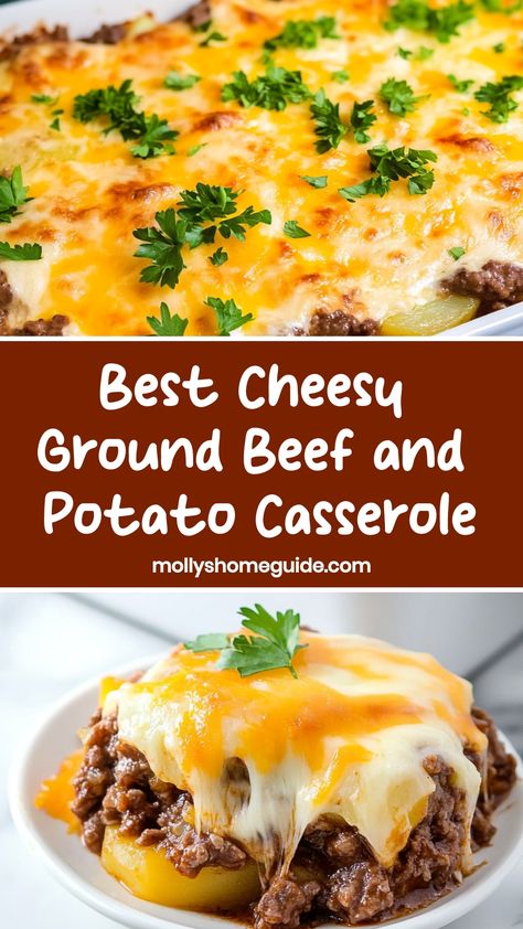 Indulge in the ultimate comfort food with this flavorful and satisfying cheesy ground beef and potato casserole recipe. Layers of seasoned ground beef, tender potatoes, and gooey melted cheese come together to create a hearty dish that's perfect for weeknight dinners or special gatherings. Easy to make and loved by the whole family, this casserole is sure to become a staple in your meal rotation. Potato With Ground Beef Recipes, Burger And Potato Casserole, Ground Beef With Potatoes Recipes, Hamburger And Potato Casserole Recipes, Easy Ground Beef And Potato Recipes, Hamburger And Potatoes Casserole, Potatoes And Ground Beef Casserole, Cheesy Hamburger Potato Casserole, Hobo Casserole Ground Beef