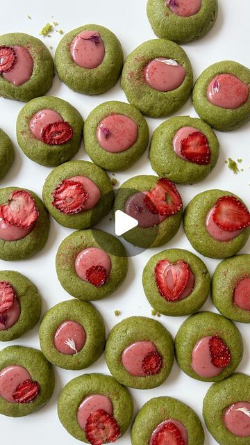 Jillian Barreca on Instagram: "Made some matcha strawberry thumbprint cookies for @foodnetworkca! 🍵🍓Buttery matcha shortbread filled with strawberry ganache - what more could you ask for?! Strawberry powder can be a little pricey, but if you live in Canada, you can find affordable freeze-dried strawberries at Dollarama. Then, just blitz them in a food processor and store in an airtight container until you’re ready to use.

www.foodnetwork.ca/recipe/matcha-strawberry-cookies

#matchacookies #matchastrawberry #thumbprintcookies #easybaking #matchalovers" Matcha Thumbprint Cookies, Strawberry Preserve Cookies, Matcha Strawberry Cookies, Freeze Dried Strawberry Cookies, Strawberry Matcha Boba, Strawberry Thumbprint Cookies, Freeze Dried Strawberry Scones, Matcha Shortbread, Strawberry Ganache