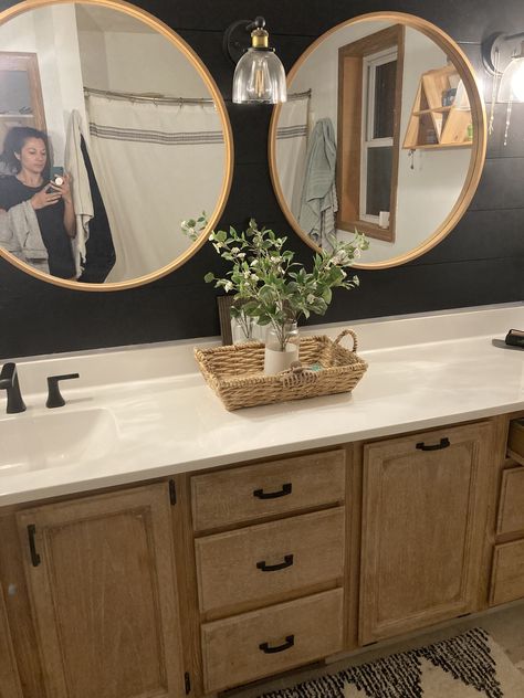 Honey Oak Bathroom Ideas, Honey Oak Bathroom Vanity, Small Master Bath, Gold Faucet, Oak Bathroom Vanity, Dark Bathrooms, Honey Oak, Half Bathroom, Boys Bathroom