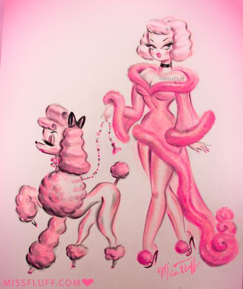 🎀 Glamour Girl 🎀 bedecked in marabou , going for a stroll with her extra snooty pink poodle 💖 Acrylic and glitter on watercolor paper. See more of my poodle themed art here: https://missfluff.shop/collections/art-prints/poodles #pink #pinklife #poodles #pinkpoodle #retrostyle #vintageinspired #marabou Poodle Drawing, Dibujos Pin Up, Miss Fluff, Glamour Art, Vintage Poodle, Vintage Inspired Art, Mermaid Tattoos, Pink Poodle, Pastel Paper