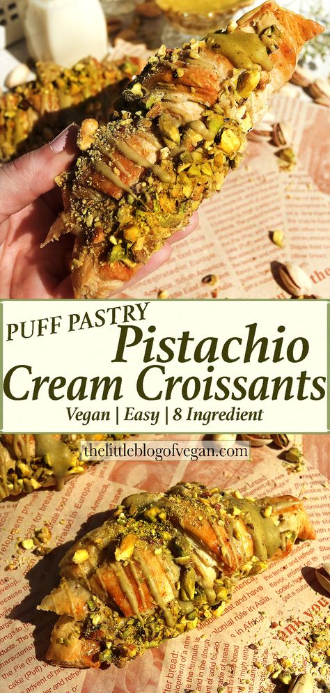 Pinterest pin of vegan pistachio cream croissants Vegan Gluten Free Croissants, Vegan Croissant Recipe, Puff Pastry Croissants, Pistachio Recipes Desserts, Vegan Pistachio, Pistachio Dessert, Puff Pastry Cream Puffs, Pistachio Recipes, Vegan Pastries