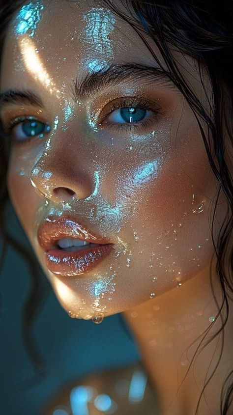 Blue Water Makeup, Water Inspired Makeup, Haus Makeup, Water Portrait Photography, Cosmic Makeup, Crystal Blue Eyes, Water Makeup, Eyeshadow Designs, Galaxy Makeup