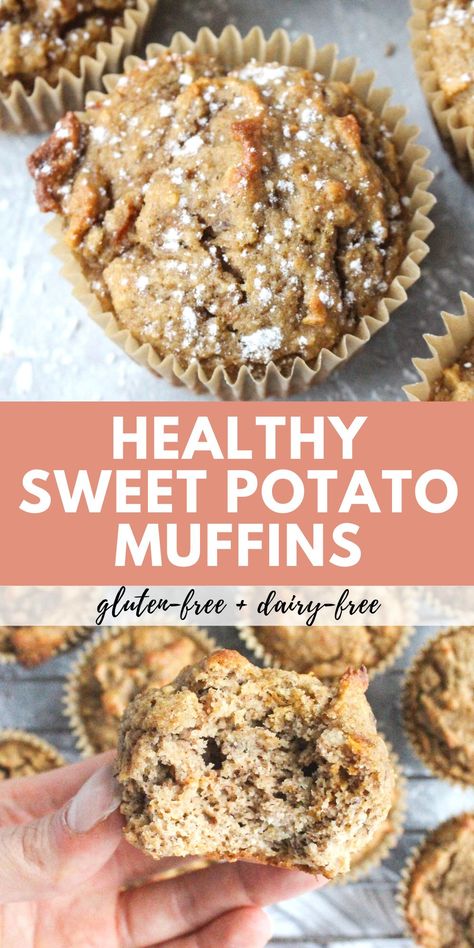 These Healthy Sweet Potato Muffins are fluffy, moist, and have no added sugar or oil! You only need a few simple ingredients like almond flour, banana, and eggs to create this recipe. They're great for anyone who is gluten-free, dairy-free, or Paleo. #sweetpotatomuffins #healthysweetpotatomuffins #noaddedsugar #breakfastmuffin #gluten-freemuffin Potato Desserts, Blw Breakfast, Healthy Sweet Potato Muffins, Brown Sugar Sweet Potatoes, Gerd Recipes, Healthier Baking, Clean Desserts, Healthy Muffin, Healthy Sweet Potato