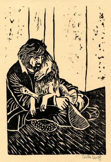 Homeless Man & Dog by Shellie Lewis, linocut on cotton rag fiber paper, 5" x 8", 2011 One of the problems that charities, non-profits and social aid organizations have is that people are generous from Thanksgiving to Christmas, and groups helping others tend to be forgotten for the rest of the year. I was… Homelessness Art, Dog Linocut, Art Deco Artwork, Internet Art, Lino Art, Social Art, Man And Dog, Ghost Town, Wood Engraving