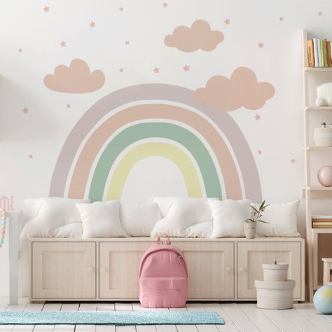 Rainbow Wall Stickers, Large Rainbow Wall Tattoo, Pastel Rainbow Wall Decal - 100% PVC-free - Non-toxic self-adhesive fabric  - Super easy to install - Easy to remove and reusable - Environment friendly printing - 100% recycling-able material  - Made with love in Germany --------------------------------------------------------------------- Item: S - Sheet size 48x30cm, Rainbow size 45x27cm = 7 individual stickers (see product picture)  L - Sheet size 93x58cm, Rainbow size 88x54cm = 7 individual Pastel Rainbow Wall, Large Wall Stickers, Magical Room, Rainbow Wall Decal, Pastel Nursery, Pastel Walls, Wall Tattoo, Watercolor Rainbow, Good Omens