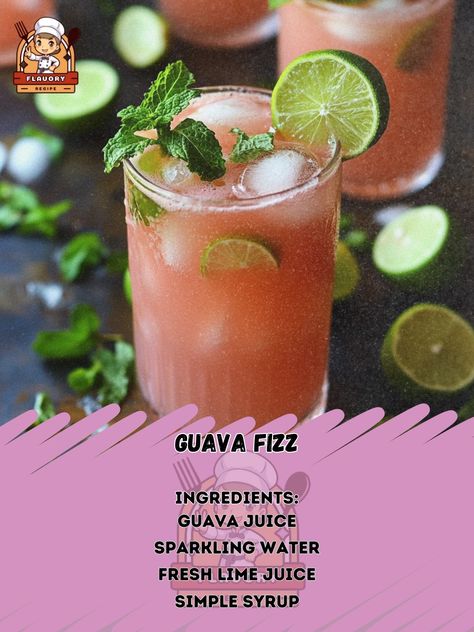 Refresh your day with a bubbly twist! This Guava Fizz is a must-try drink for any occasion. Guava Fizz **Ingredients:** - Guava juice (1 cup) - Sparkling water (1 cup) - Fresh lime juice (2 tablespoons) - Simple syrup (1 tablespoon, optional) - Ice cubes (as needed) - Lime slices (for garnish) - Fresh mint leaves (for garnish) **Instructions:** 1. In a large glass or pitcher, combine guava juice, sparkling water, fresh lime juice, and simple syrup if desired. 2. Stir gently to mix and cre... Guava Syrup, Guava Drink, Guava Recipes, Guava Juice, Daily Recipes, Fresh Mint Leaves, Sparkling Water, Fresh Lime, Mint Leaves