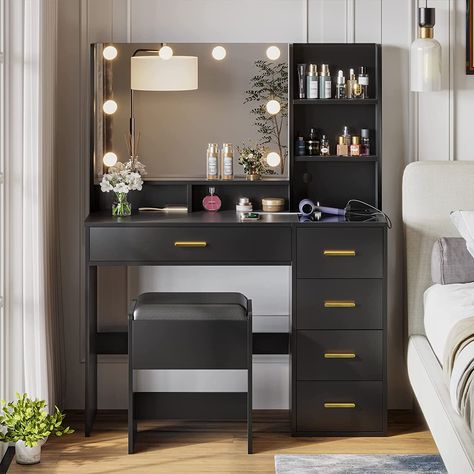 Makeup Vanity Set with Mirror and Lights, Makeup Dressing Table Vanity Desk with Charging Station&Cushioned Stool&Visible Drawers for Bedroom, Black - Walmart.com Black Vanity Table, Vanity Set With Lights, Glass Top Vanity, Wood Makeup Vanity, London Bedroom, Lights Makeup, Open Storage Shelves, Makeup Vanity Set, Entry Furniture