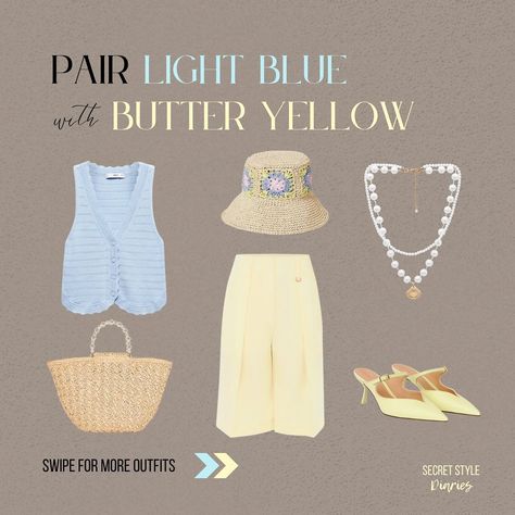 Spring-summer colour combo I’m loving- light blue & butter yellow! 🌼🦋 See how I style these colours together with different outfits. Follow The Secret Style Diaries for more colourful outfit inspo and styling tips! 🩵 💛 #springfashion #springsummer #springtrends2024 #whatstrendingnow #fashionpost #chiclooks #fashionblogger #lookbook #instafashion #pastelaesthetic #pasteloutfits #paste... Light Blue And Yellow Outfit, What Is Trending Now, 2024 Outfits, Seasonal Color Analysis, Pastel Outfit, Colour Combo, Yellow Outfit, Butter Yellow, Color Analysis