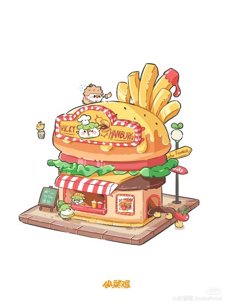 Food Illustration Art, Isometric Art, Kawaii Illustration, Isometric Illustration, Cute Food Drawings, Cute Food Art, Shop Illustration, Architecture Drawing Art, Game Concept Art