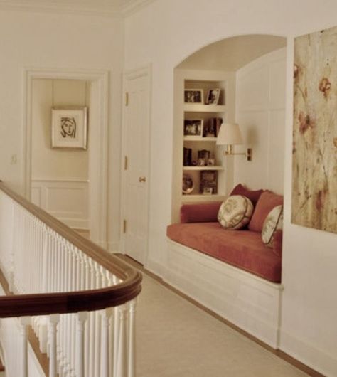 Bookshelf With Built In Seating, Reading Book Built In, Recessed Bench In Wall, Recessed Reading Nook, Built In Cabinet With Bench, Reading Nook Built In Alcove, Built In Nooks, Built In Hallway Bench, Daybed Built In Bookshelves