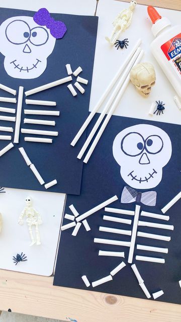 Kids Craft and Learning Page on Instagram: "Straw Skeletons 💀 follow @abcdeelearning for more kids crafts 💀Create a skeleton head out of white paper and make a face ✂️Cut some white paper straws and have the kids glue them into place to create a skeleton! 🎃Make a cute bow or bow tie to wear for each one! 💀This is a fun stem activity and craft for kids! 👻Check out ABCDeeLearning.com for 25+ Halloween craft ideas!" Fun Halloween Crafts For Kids, Junior Kindergarten, Skeleton Craft, Fun Stem Activities, Straw Crafts, Halloween Week, Halloween Songs, Fun Halloween Crafts, Halloween Preschool