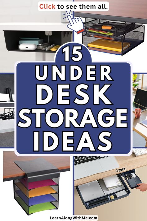 Can't find anything in your cluttered home office? These under desk storage ideas should help.  There are some clever organizers to help tidy up your work space by utilizing some of the space under your desk.  There are hanging compartments for paperwork, sliding drawers for stationary, rolling cabinets, and more.  Click to check out these under desk storage ideas and do some home office organization hacking this weekend. Office Organizers Work Desk, Keyboard Holder Under Desk, Desk Without Drawers Organization, Under Desk Storage Ideas Diy, Office Desk Storage Ideas, Desk Organization No Drawers, Desk Top Organizer Ideas, Desktop Organization Ideas, Organizing Ideas For Desk