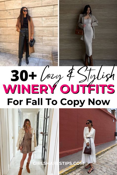 From chunky knit sweaters paired with rustic boots to elegant layered ensembles, this list of 30+ cozy and chic fall winery outfit ideas will have you looking fabulous as you sip on your favorite wine. | Winery outfit | winery outfits | winery outfit fall | fall wine tasting outfit | winery outfit fall | napa wine tasting outfit | winter wine tasting | winery outfit ideas, winery wedding outfit ideas | what to wear to a winery | Bachelorette winery outfit | winery outfit fall wine tasting Winery Outfit Spring 2024, January Wine Tasting Outfits, Winter In Napa Outfit, Call Wine Tasting Outfit, Wine Tasting Outfit Cold Weather, Winter Winery Outfit 2023, Cold Wine Tasting Outfit, Winery Outfit Winter Black Women, All Black Winery Outfit