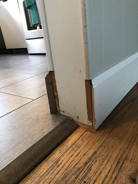 Mismatched baseboards tie in - Home Improvement Stack Exchange Baseboard Ideas, Installing Laminate Flooring, Trim Carpentry, Finish Work, Floor Trim, Door Casing, Diy Flooring, Son In Law, Door Trims