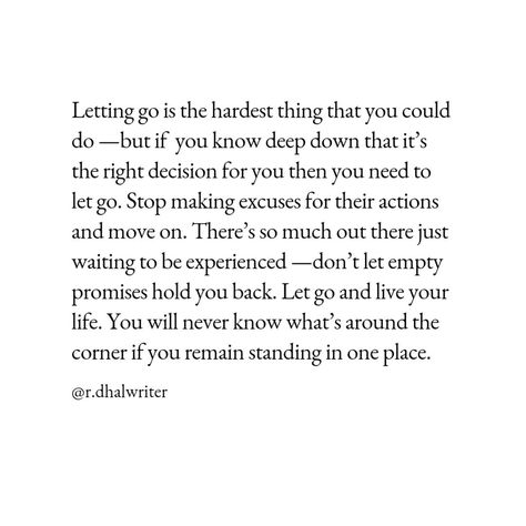 Leave a 🙌 if you agree with this piece, from my book, My Hope For Tomorrow xx Letting people go can sometimes feel like you’re letting yourself go. You hand people pieces of you in the process of finding yourself —but when those relationships fall apart, you feel like you’ve lost a part of yourself. You feel like you’ve lost a sense of who you are. Letting people go is like unlearning everything that you knew about yourself in the months and years that you knew them, and it’s hard. Believe m... This Is Me Letting You Go Book Quotes, When To Let Go Relationships, Hope For Tomorrow, Letting People Go, When To Let Go, Empty Promises, Should I Stay, Stop Making Excuses, My Hope