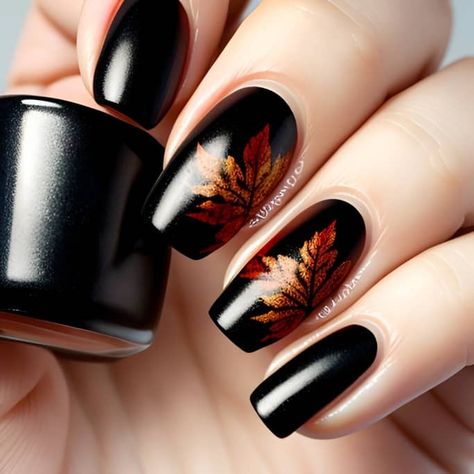 20 Amazing Nail Designs to Fall for This Autumn - HubPages Fall Nail Ideas Coffin Short, Elegant Fall Nail Art, Autumn Design Nails, Fall Nail Designs Leaves, Black November Nails, Fall Nails With Leaves Acrylic, Fall Black Nails Ideas, Cute Fall Nail Designs Autumn, November French Tip Nails