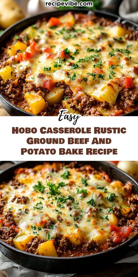 Want to impress your loved ones with a mouthwatering dish that’s easy to make? Our Hobo Casserole combines savory ground beef and hearty potatoes for a rustic delight! Be sure to save this recipe for your next family gathering or weeknight dinner! Soup Ground Beef Potato, Recipes Using Potatoes And Ground Beef, Ground Beef Recipes For Lunch Easy Meals, Ground Beef And Scalloped Potatoes, Dinner Ideas With Ground Beef And Potato, One Pot Dinners Ground Beef, Potatoes And Meat Recipes, Ground Beef Dump Recipes, Hamburger And Potato Recipes Skillet