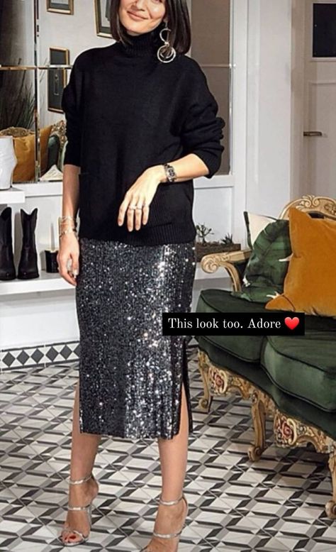 Sequin Skirt And Jumper Outfit, Grey Sequin Skirt Outfit, Black Sequin Midi Skirt Outfit, Styling A Sequin Skirt, Sequin Outfits For Women, Black Sequin Skirt Outfit Parties, Holiday Outfits Black Women, Sequin Pencil Skirt Outfit, Business Party Outfit