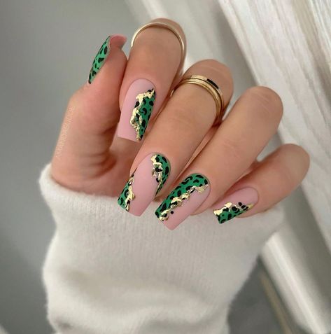 Green And Gold Leopard Nails, Green Nails With Leopard Print, Green Leopard Nails, Green Leapord Nails, Olive Green Cheetah Nails, March Nail, Acrylic Nail Designs Coffin, Fruit Designs, Indigo Nails