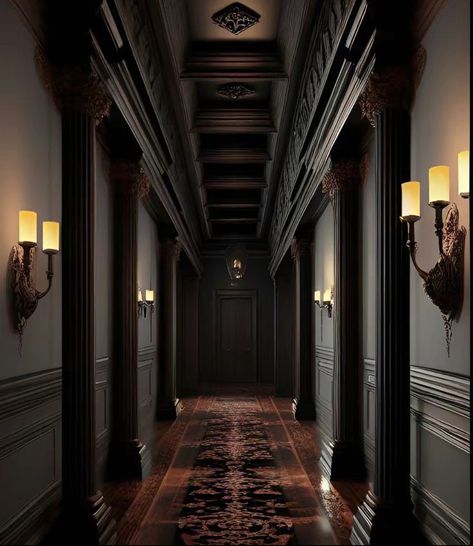 Gothic Hallway Ideas, Modern Whiskey Room, Modern Gothic House Interior, Dark Mansion Interior, Noble House Of Black Aesthetic, House Of Black Aesthetic, The Noble House Of Black, Noble House Of Black, Dark Mansion