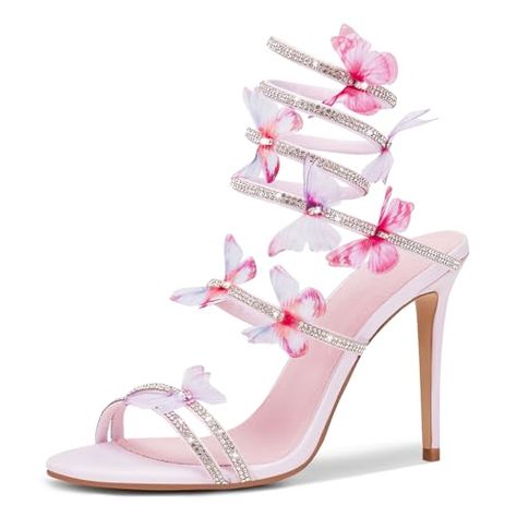 VOZTOLLS Women's Butterfly Rhinestone High Heels Open Round Toe Spiral Wrap Strappy Dress Stiletto Sandals For Party Evening Wedding Spiral Heels, Butterfly Heels, Butterfly Rhinestone, Dr Shoes, Heels Wedding, Runway Shoes, Rhinestone High Heels, Stylish Heels, Modern Sandals