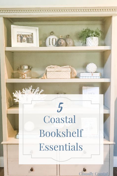 Coastal Bookcase Decorating Ideas, Beach Shelving Decor, Coastal Entertainment Center Decor, Coastal Bookshelf Decor Living Room, Beach Themed Bookshelves, Coastal Built Ins Bookshelves, Beach House Shelf Decor, Coastal Farmhouse Shelf Decor, Coastal Living Room Built Ins