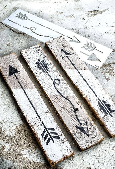 Create arrow signs to hang mugs or as art using an Arrow Kit stencil from Funky Junk's Old Sign Stencils and Fusion Mineral Paint Arrow Decor Ideas, Wood Arrow Signs, Arrow Signs Diy Wood, Old Wood Crafts, Arrow Artwork, Diy Arrow, Arrow Crafts, Wooden Arrow Sign, Arrow Stencil