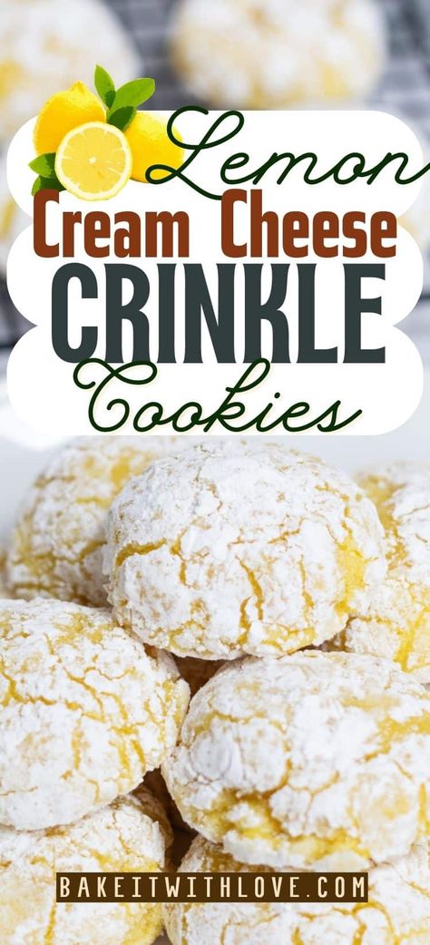 Tasty, tangy baked lemon cream cheese cookies stacked on white plate with text title overlay. Crinkle Cookies With Cool Whip, Cookies With Cool Whip, Lemon Desserts Cake, Easy Lemon Cake, Lemon Cake Mix Cookies, Cool Whip Cookies, Lemon Cake Easy, Crinkle Cookies Recipe, Lemon Crinkle Cookies