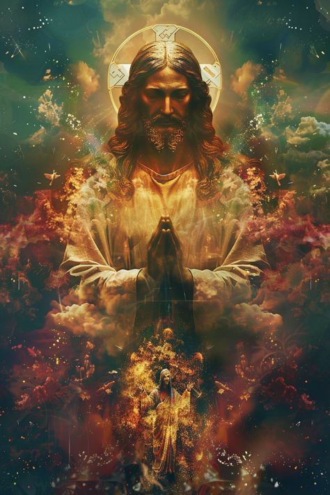 A representation of Jesus Christ is depicted with a radiant halo around his head, hands clasped in prayer. He appears amidst a symphony of light and floral elements, with an ethereal glow that suggests a divine or otherworldly presence. Jesus Christ Drawing, Future Husband Prayer, Jesus Christ Face, Bible Quotes Pictures, Jesus Saves Bro, Radiant Halo, Jesus Drawings, Jesus Christ Quotes, Jesus Artwork