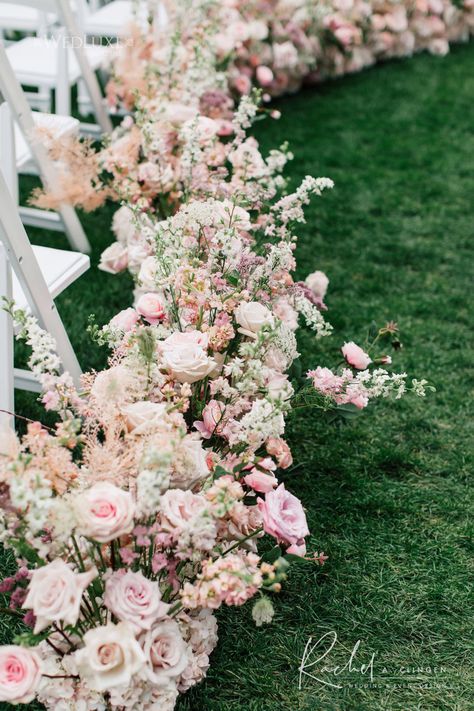 Florals Down Wedding Aisle, Wedding Floral Stage, Garden Wedding Floral Arrangements, Pink Aisle Flowers, Pink Ceremony Flowers, Floral Aisle Wedding, Pink Wedding Aisle, Flowers Wedding Altar, Aisle Walkway