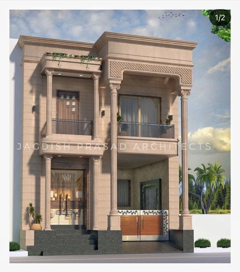 Small Classical House Elevation, Jodhpuri Stone House Elevation, Rajasthani House Design, Jodhpur Stone Elevation, Classical House Elevation, Rajasthani House, Rajasthan House, Stone Elevation, Indian House Exterior Design