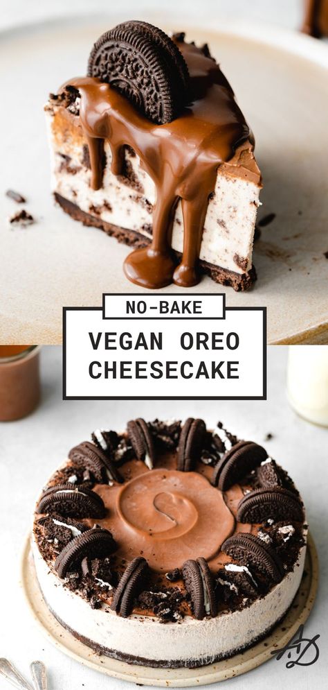 no bake oreo cheesecake with chocolate ganache. Vegan Cheesecake Brownies, Vegan Oreo Dessert, Oreo Cheesecake No Bake, Vegan Oreo Cheesecake, Oreo Cheesecake Filling, Cookies And Cream Filling, Cheesecake No Bake, Dairy Free Cheesecake, Dairy Free Baking