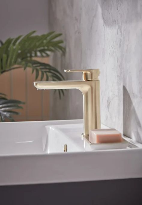 Savour Basin Mixer Brushed Brass Lifestyle 1 Wooden Bathroom Furniture, Black Bathroom Taps, Bathroom Mirror Design, Bathroom Furniture Design, Double Vanity Unit, Green Bathroom Furniture, Blue Bathroom Furniture, Bathroom Cabinets Designs, Shower Style