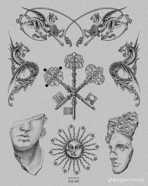 Victorian Flash Tattoo, Medieval Symbols Design, Victorian Era Tattoo, Classical Painting Tattoo, Regency Tattoo, Versailles Tattoo, Baroque Tattoo Design, Tudor Tattoo, Rococo Tattoo