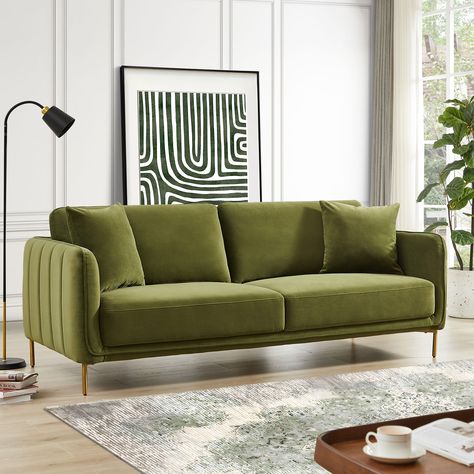 Experience comfort with the Danton casual modern velvet performance fabric sofa! Showcasing a stylish mid-century design and elegant gold-plated metal legs. Relax into plush cushions and enjoy long-lasting durability. The Danton sofa's compact size offers deep seating and a cozy living room ambiance. Olive Green Velvet Sofa, Performance Fabric Sofa, Olive Sofa, Velvet Tufted Sofa, Olive Green Velvet, Compact Sofas, Room Divider Walls, Green Velvet Sofa, Side Tables Bedroom