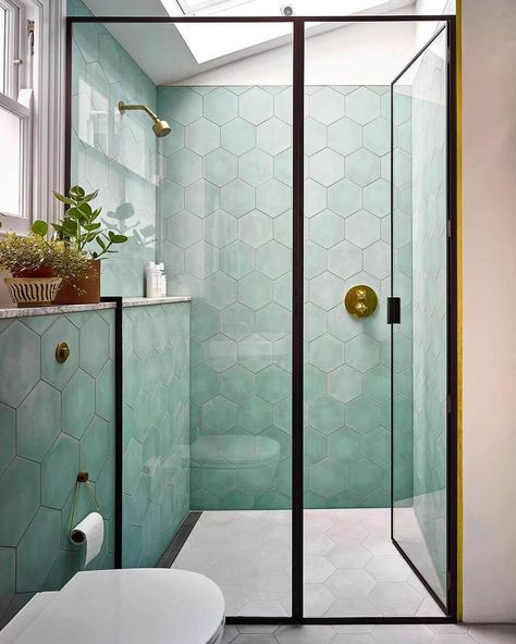 The Best Tile Color for a Small Bathroom 21 Hexagon Tiled Bathrooms, Blue Green Bathroom Tile, Hexagon Tiles Bathroom, Bathroom Remodel Green, Dormer Bathroom, Light Blue Tile, Blue Green Bathrooms, Hexagon Tile Bathroom, Blue Green Tile