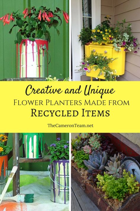 Creative and Unique Flower Planters Made from Recycled Items - The Cameron Team Recycled Planters Ideas, Recycled Garden Planters, Upcycle Crafts, Creative Planter, Recycled Garden, Gardening Plants, Unique Planter, Planter Ideas, Garden Containers