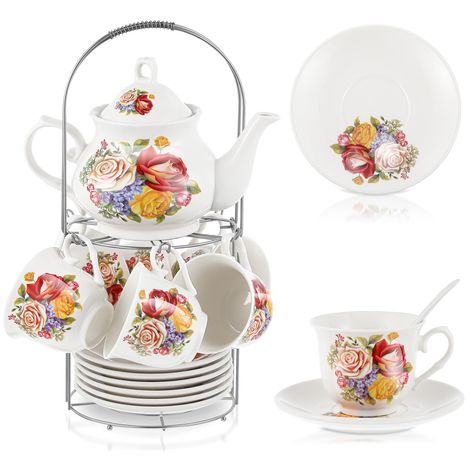 PRICES MAY VARY. Nice Matching Set: the white color of the porcelain tea set is a beautiful and charming accent to any room, which includes 6 cups, 6 saucers, 6 spoons, a teapot, and a spray silver shelf, and the teapot measures about 28 oz/ 850 ml in capacity while the capacity of each cup is about 7 oz/ 210 ml, making it a complete and coordinated set for you to use Quality Porcelain Material: the tea set for adults is mainly made of quality porcelain materials, which ensures that it is durabl Silver Shelf, Flower Tea Cup, Tea Party Set, Tea Party Setting, Porcelain Tea Set, European Paintings, Flower Tea, The Tea, Cup Saucer